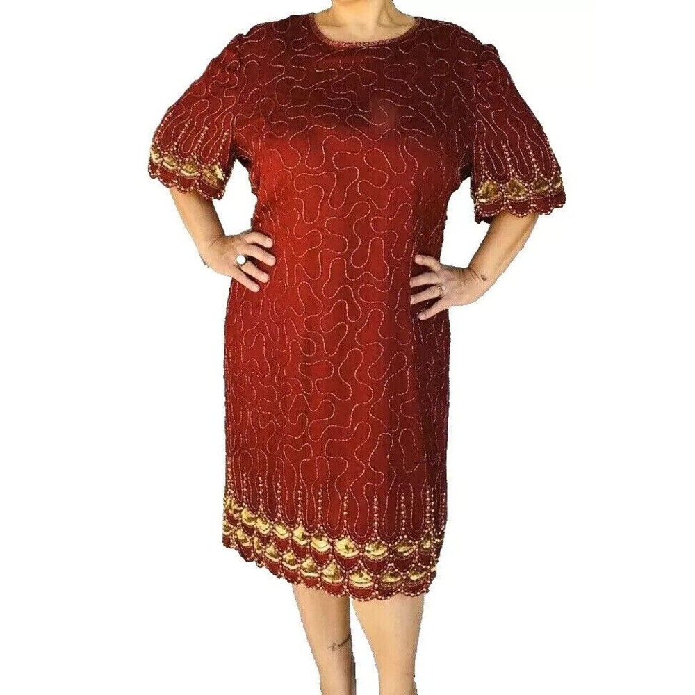 Vintage 90s Art Deco 100% Silk Beaded Flapper Cocktail Party Dress L/XL/1X/2X